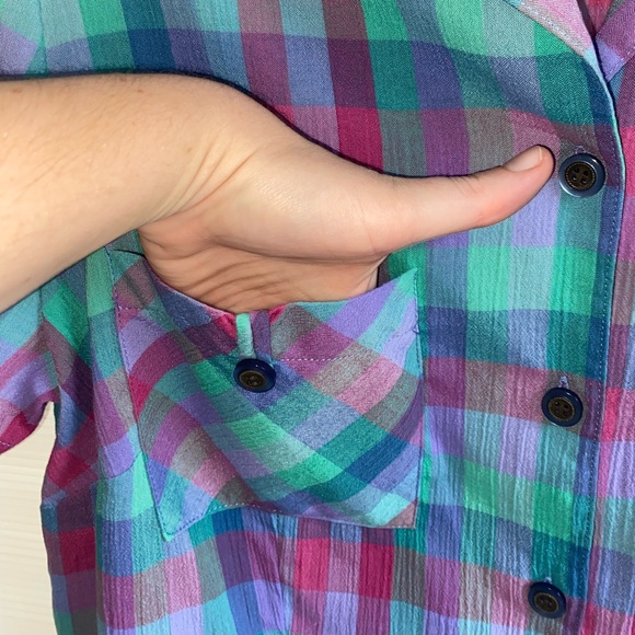 vintage 80s/90s Women’s Lyndal Aus Made bright check short sleeve blouse size 16 - Picture 4 of 12